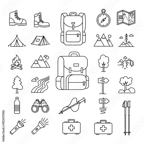 Camping gear and outdoor equipment icons.