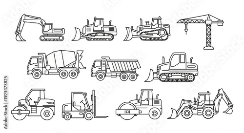 Construction Vehicles Line Art Icons Set. Heavy Machinery, Diggers, Loaders, Trucks & Cranes. Outline Vector Collection for Building & Engineering Projects
