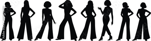 Set of fashionable women silhouettes in stylish poses, black female figures isolated on white background flat vector illustration collection for fashion design