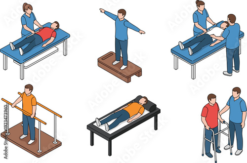 Physical therapy and rehabilitation exercises set, patients with physiotherapist performing balance training, massage, parallel bars walking practice, and recovery treatment vector illustration