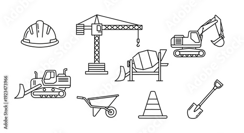 Construction Site Equipment and Worker Safety Gear Line Art Icons Set