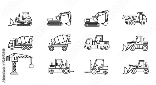Construction Vehicles & Heavy Equipment Line Icons Set. Bulldozer, Excavator, Dump Truck, Crane, Cement Mixer, Wheel Loader, Forklift Outline Vectors.