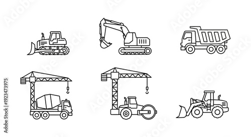 Construction Heavy Equipment Outline Icons Set - Bulldozer, Excavator, Dump Truck, Crane, Loader, and Roller Line Art Vector Graphics