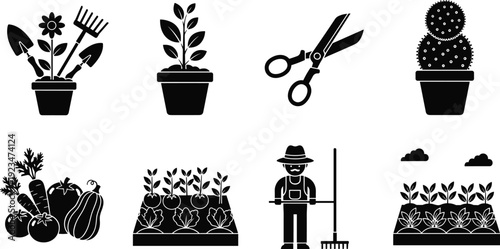 Vector collection of gardening icons featuring black silhouettes of potted plants, garden tools, vegetables, professional farmer with rake, and greenhouse planting beds on white background