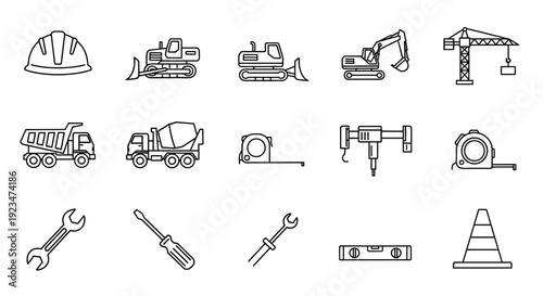 Construction Site & Worker Tools Line Icons. Heavy Machinery, Building Equipment, and Hand Tools Outline Vector Set for Engineering Projects.