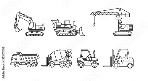 Heavy Construction Vehicles & Industrial Machinery Outline Icons Set. Line Art Vector Illustration.
