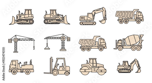 Construction Vehicles & Heavy Machinery Icons Set: Earthmoving, Lifting, and Transport Equipment Line Art Vector Illustrations