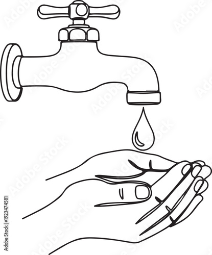 Hand under faucet with single water droplet washing hands sink
