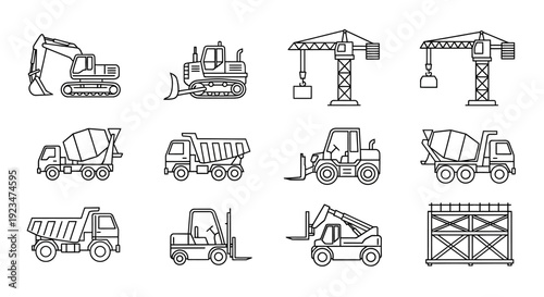 Construction Vehicles and Heavy Equipment Line Icons Set. Outline Vector Collection of Machinery for Building, Industrial, and Engineering Projects.