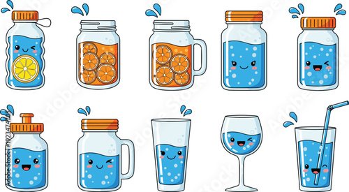 Cute water and citrus drink bottles glasses vector collection for kids beverage hydration and summer refreshment design