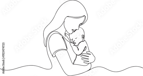 Mother holding newborn baby in one line one line continuous line black and white