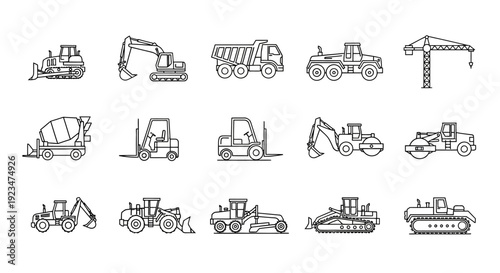 Construction Vehicles and Heavy Machinery Outline Icons Set. Industrial Equipment Line Art Collection for Building Projects.