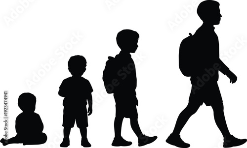 Silhouette set of boy growing from baby to school child with backpack, black child development stages isolated on white background flat vector illustration