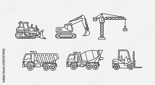 Construction and Heavy Equipment Line Art Icons Set: Bulldozer, Excavator, Crane, Dump Truck, Concrete Mixer, Forklift Vector Illustrations