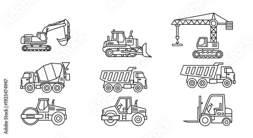 Construction Heavy Equipment Line Art Icons Set. Industrial Machinery Vector Collection