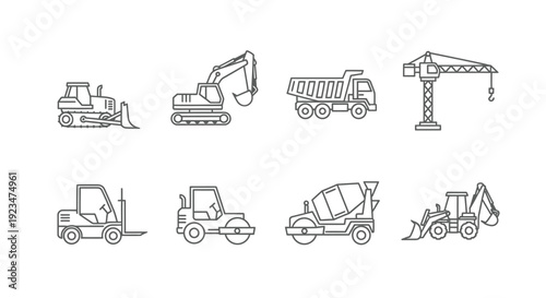 Construction Vehicles Line Icons Set. Heavy Equipment Machinery: Excavator, Dump Truck, Crane, Bulldozer, Forklift, Roller, Mixer, Backhoe Loader.