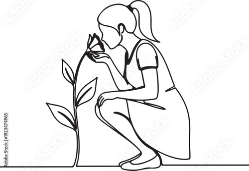 Woman in one line crouching next to flower plant one line woman girl squatting