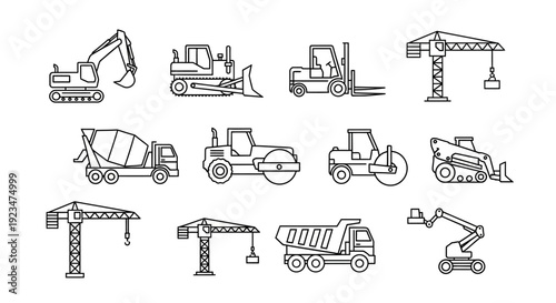 Construction Machinery and Heavy Equipment Line Icons Set - Industrial Vehicles for Building & Engineering Projects