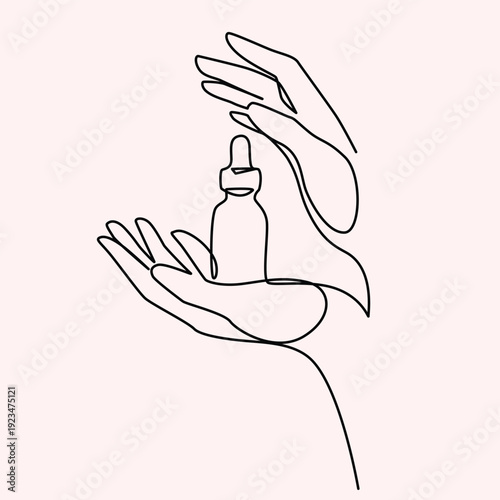 Hand holding skincare bottle one line drawing. Hand holding skincare bottle single line illustration. Hand holding skincare bottle minimalist line art. Hand holding skincare bottle vector art