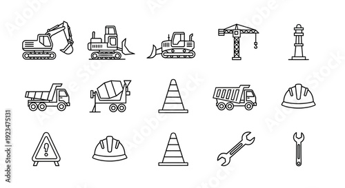 Construction and Engineering Line Art Icons: Heavy Machinery, Building Vehicles, Safety Equipment, and Tools Vector Collection for Site Management & Development