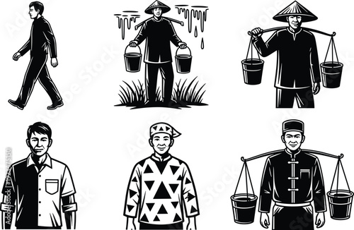 Vector illustration set of traditional Asian men and farmers wearing conical hats and carrying water buckets with shoulder yokes in vintage woodcut style
