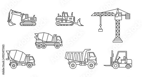 Construction Vehicles & Heavy Machinery Line Art Icons. Excavator, Bulldozer, Crane, Cement Mixer, Dump Truck, Forklift Outline Vector Set.