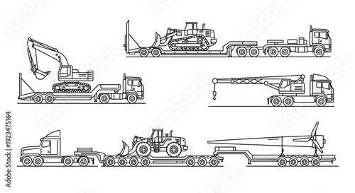 Heavy Haulage & Oversized Cargo Transport Vector Icons. Set of Outline Trucks Carrying Construction Machinery and Wind Turbine Blade