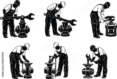 Vector illustration set of professional industrial workers in hard hats and overalls using large wrenches to repair heavy machinery valves isolated on white background.