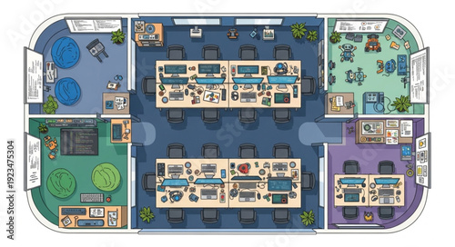 Modern office space design with open plan layout and various workstations for collaboration.