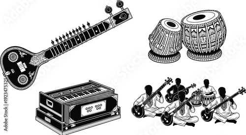 Vector illustration set of traditional Indian musical instruments featuring sitar tabla drums and harmonium with a silhouette group of musicians playing isolated on white.