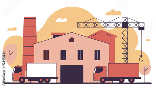 Industrial factory building with a tall chimney and construction crane, with two delivery trucks parked for manufacturing.
