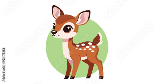 Adorable cartoon deer stands facing left in a simple green circle on a clean white background illustration
