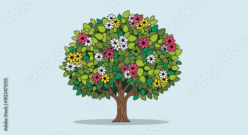 A vibrant tree with colorful flowers and lush green leaves standing alone in a serene environment viewed from the front Whisk_9cc0e7c2ec82e338bbf4363d91f586ecdr.eps