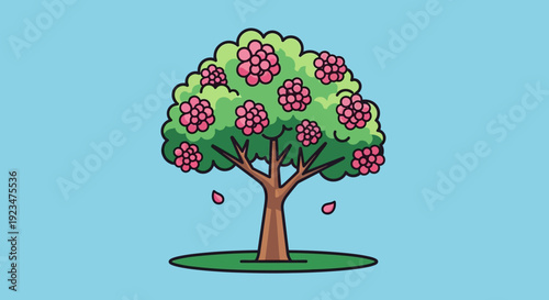 A cartoon tree with lush green leaves and ripe fruit stands alone on a small grassy hill, viewed from a slight angle.