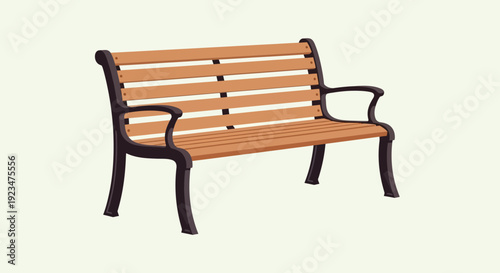 A wooden park bench with black metal frame, viewed from the side in a serene outdoor setting