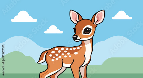 Adorable deer fawn standing in a serene landscape illustration with mountains and clouds
