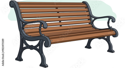Illustration of a wooden bench with ornate metal arms and legs in a serene outdoor setting viewed from the side