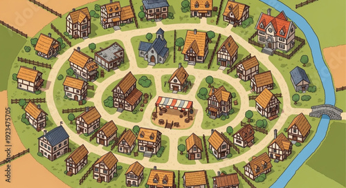 Circular village with houses and buildings arranged around a central area, aerial view.