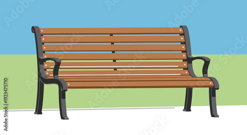 A wooden bench with black metal frame stands alone in a serene outdoor setting with a blue and green background viewed from the front