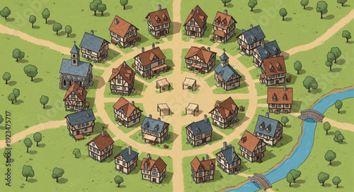 Circular medieval village with buildings and roads, a charming illustration of a community.