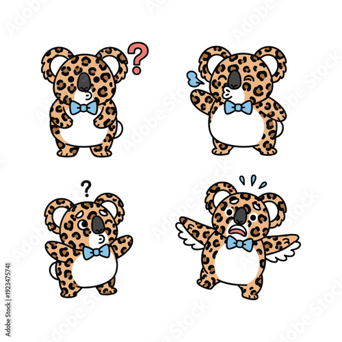 Cute cartoon leopard character showing different emotions with copy space