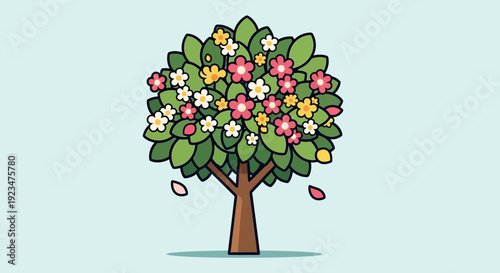 A vibrant tree with colorful flowers and falling fruit, viewed from the side, showcasing its lush foliage and sturdy trunk