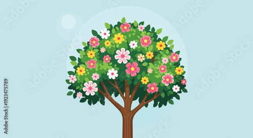 A whimsical tree with colorful flowers and lush green leaves standing tall against a serene light blue sky
