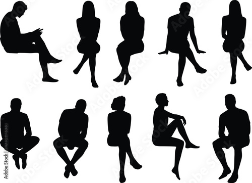 People sitting silhouette collection isolated on white background, men and women seated in various poses, black shadow figures for design reference