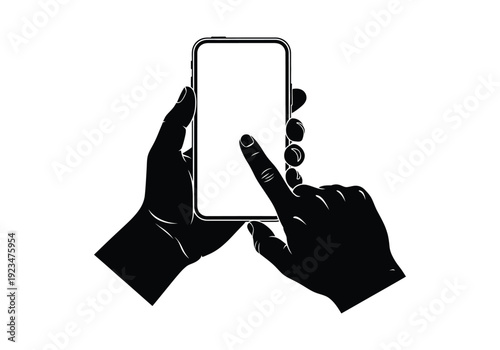 Black and white of hands holding and tapping a smartphone with blank screen fingers thumb