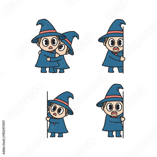 Cartoon wizard characters with different emotions and actions in blue robes