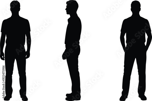 Male silhouette collection isolated on white background, front side and back view of standing man, full body shadow figure set for design reference