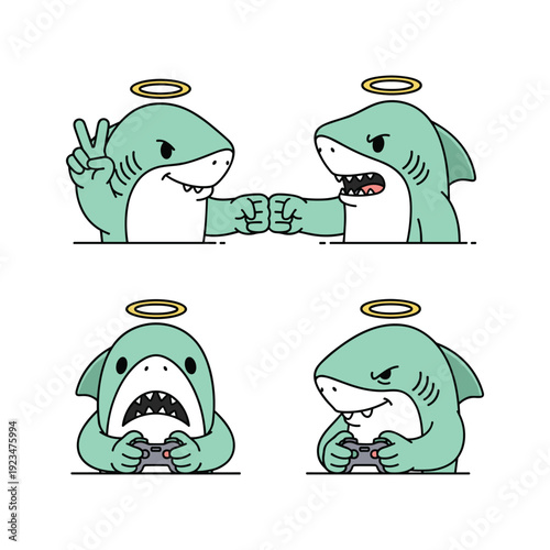 Cartoon sharks playing video games with angelic halos in a friendly competition