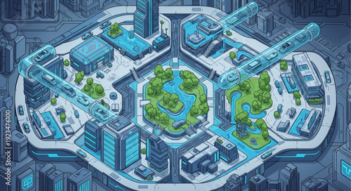 Futuristic city design with interconnected buildings and green spaces, a technological marvel.