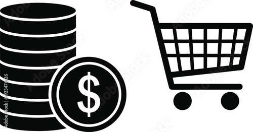 Black and white set of money coins stack dollar sign and shopping cart